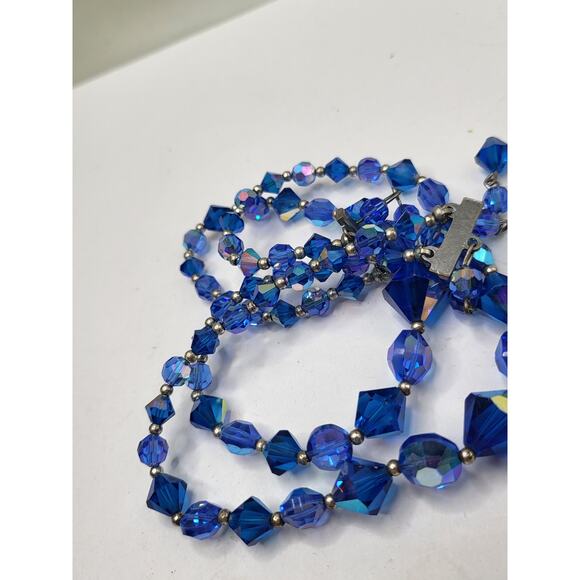 Vintage Blue Crystal AB Bead Double Strand Necklace 1950s Adjustable - Picture 4 of 6